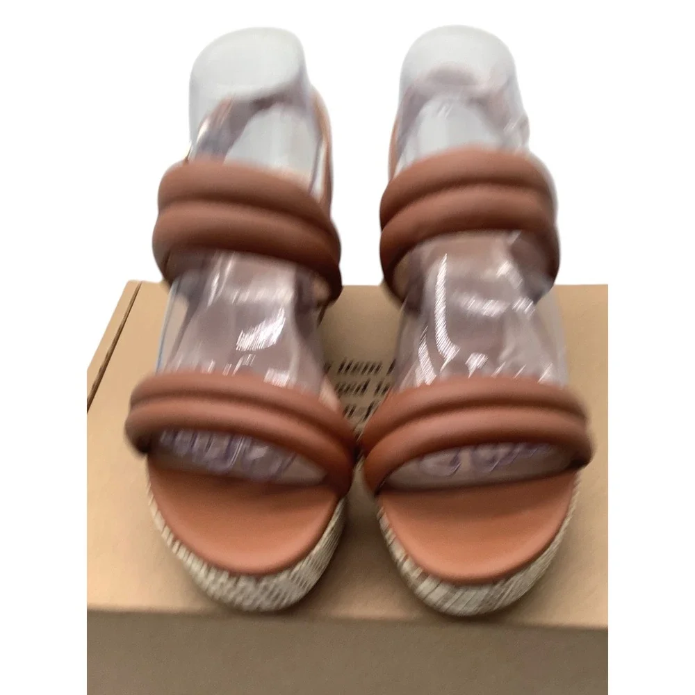 Violet & Red Casey Tan Leather Padded Double Strap Platform Wedge Sandals 9M